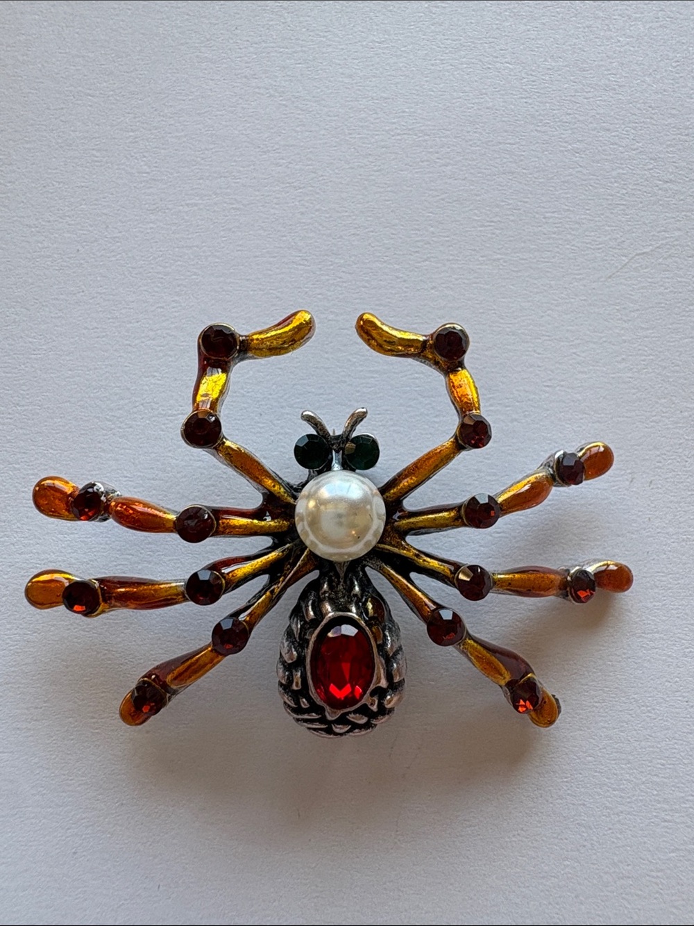 Vintage-Inspired Spider Brooch with Amber and Red Stones